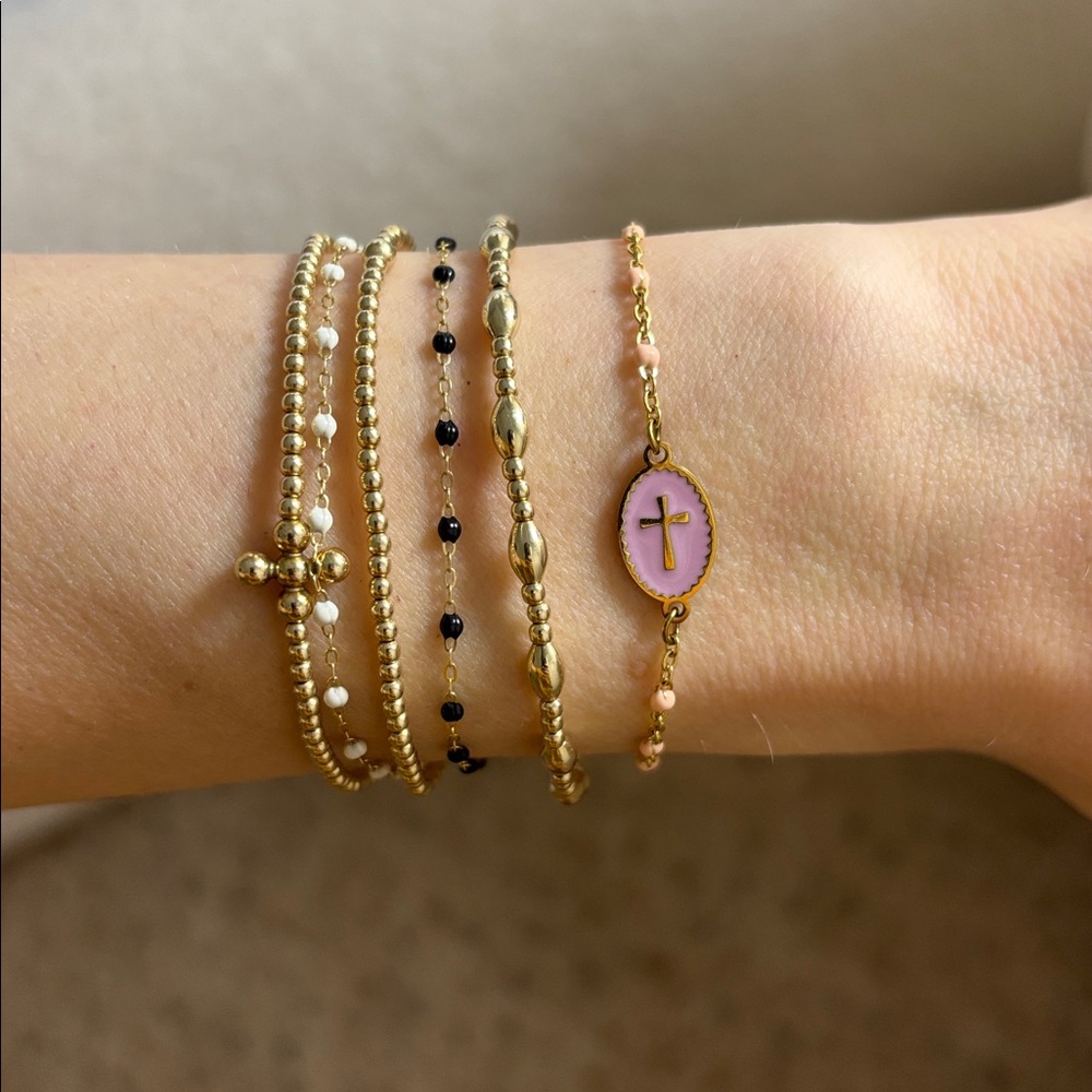 Dainty gold & purple beaded cross adjustable bracelet delicate jeweled chain